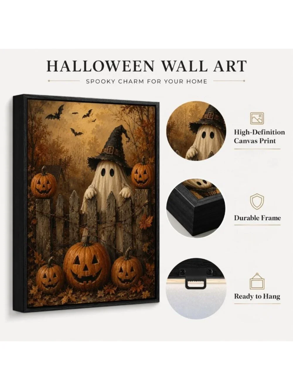 Cute Ghost & Pumpkin Halloween Framed Wall Art | Spooky Canvas Decor